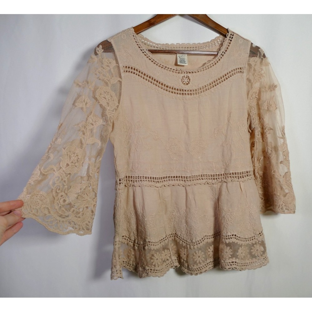 Womens Boho Crochet Flare Sleeve Fairy Top Size S Floral Cottagecore Ethereal